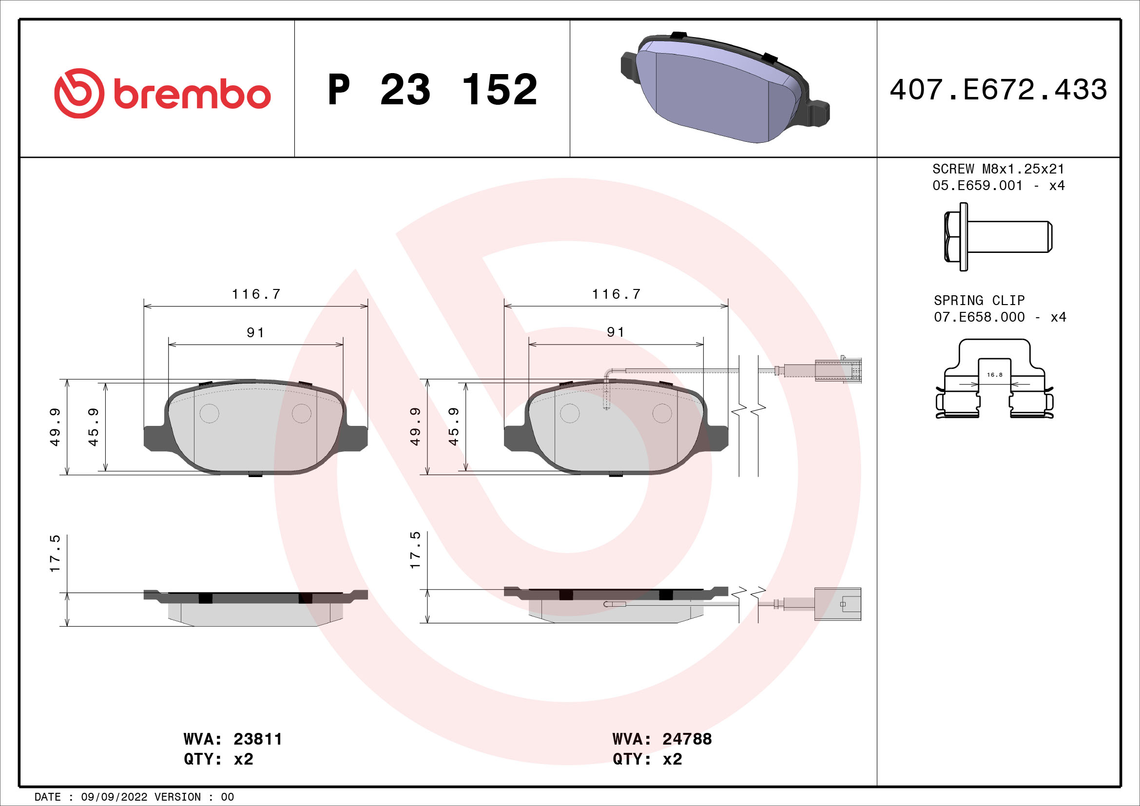 A.B.S. P 23 152 BREMBO Bremsbelagsatz, Scheibenbremse